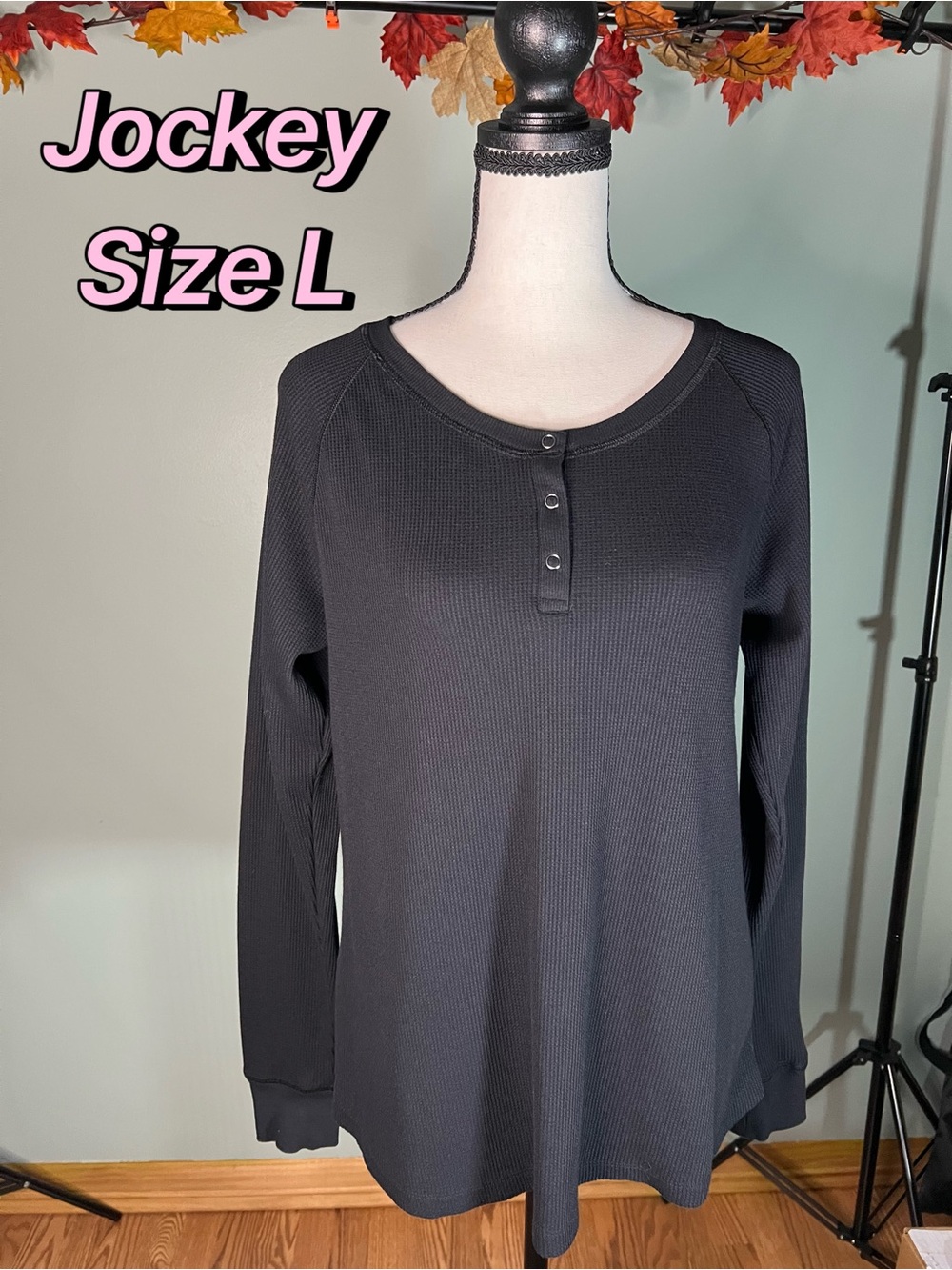 Jockey Long Sleeve Black Henley Top - Size L